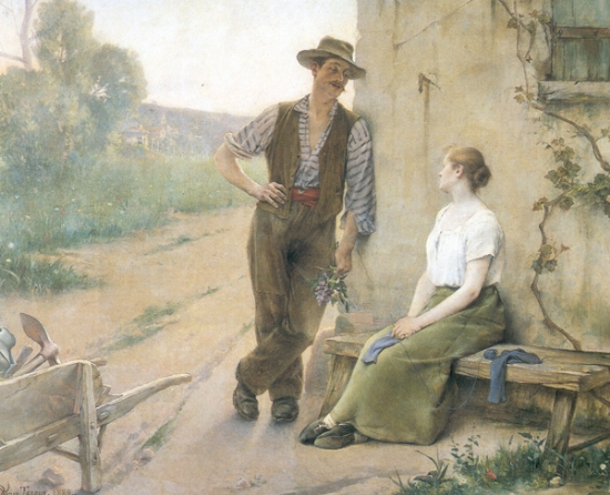 Peasant Couple In Farmyard by Henri Adrien Tanoux, 1889
